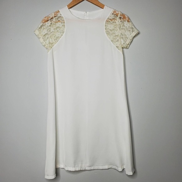 Round Neck Lace Sleeve Chiffon Dress White Sz S - Picture 6 of 6